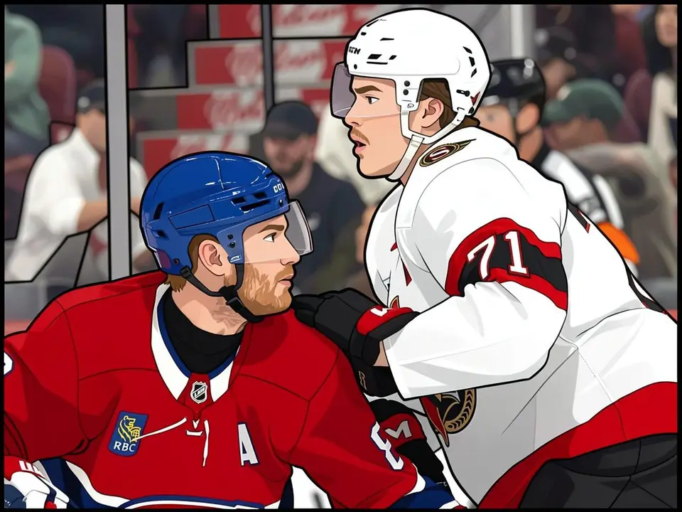 Canadiens' Mike Matheson and Senators' Ridley Greig in a confrontation on the ice.