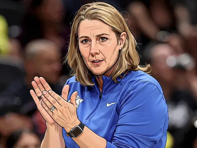 Cheryl Reeve in blauem Minnesota Lynx-Jacke klatscht bei einem Spiel.