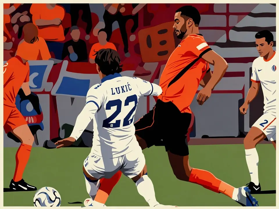Player in white shirt with Lukić 22 on the back challenges an opponent in orange for the ball on a green pitch