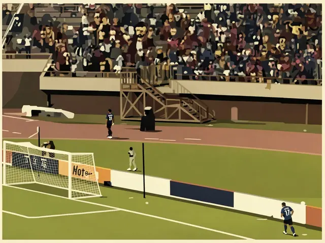 View of the stadium in Harare after the crush: goalkeeper near the goal and player on the sideline with stands in the background