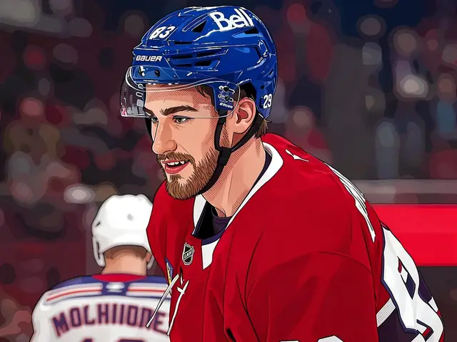 Juraj Slafkovsky in a red Montreal jersey with a blue helmet, close-up, face visible.