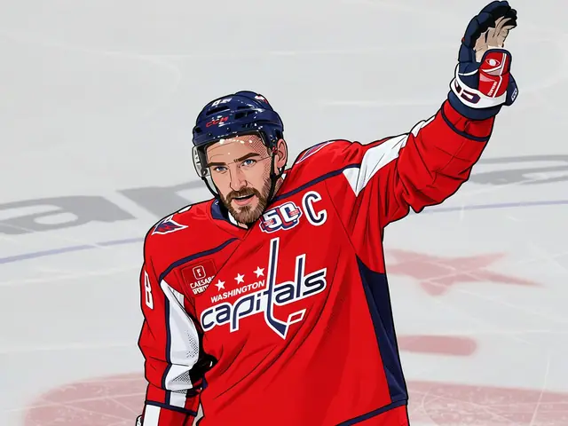 Alexei Ovechkin in rotem Washington Capitals-Trikot feiert ein Tor auf dem Eis