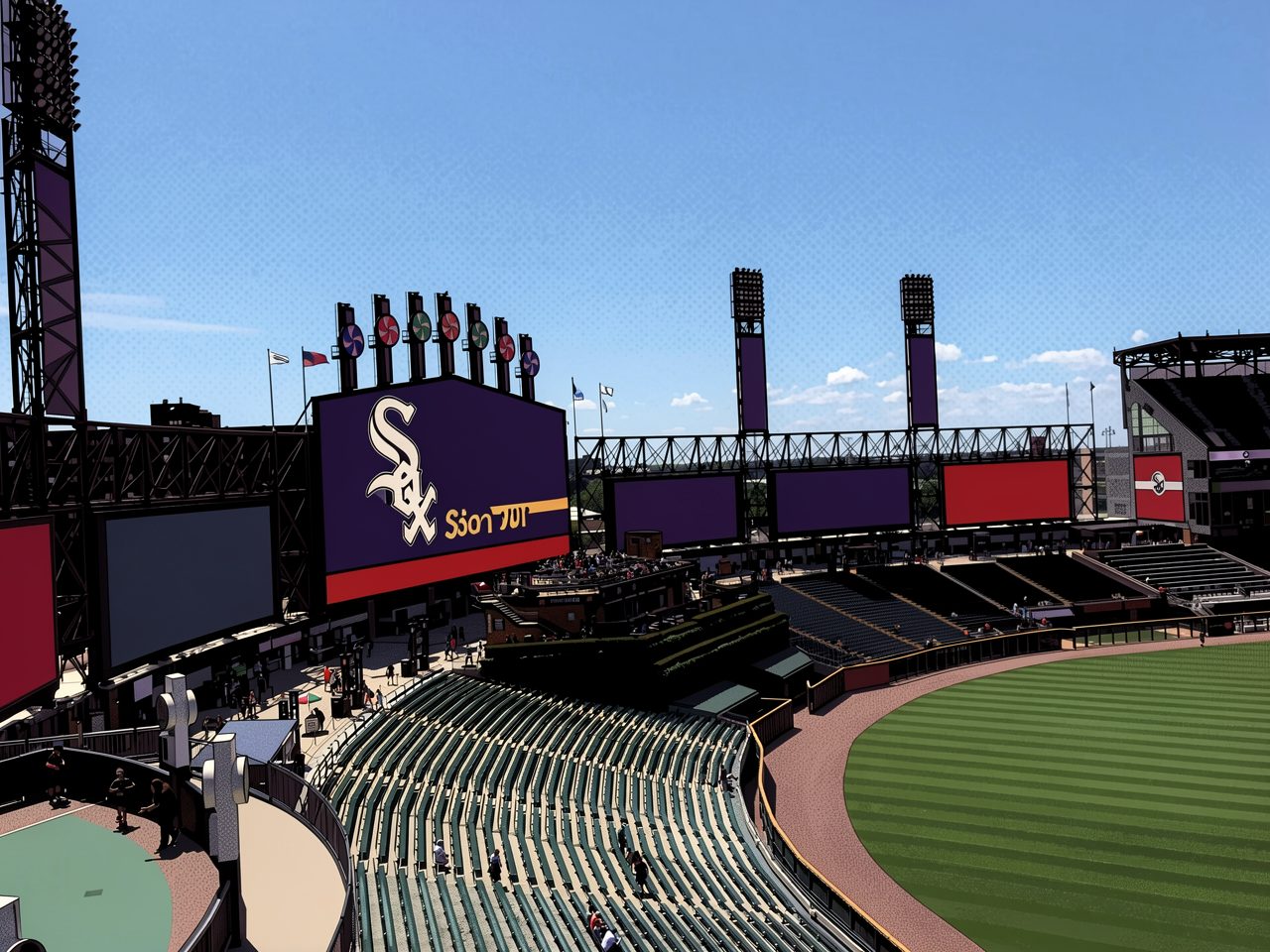 Blick auf das Chicago White Sox Stadion mit großer Anzeigetafel und leeren Tribünen