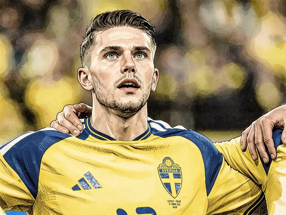 Lucas Bergvall in der gelb-blauen schwedischen Trikot auf dem Stadion
