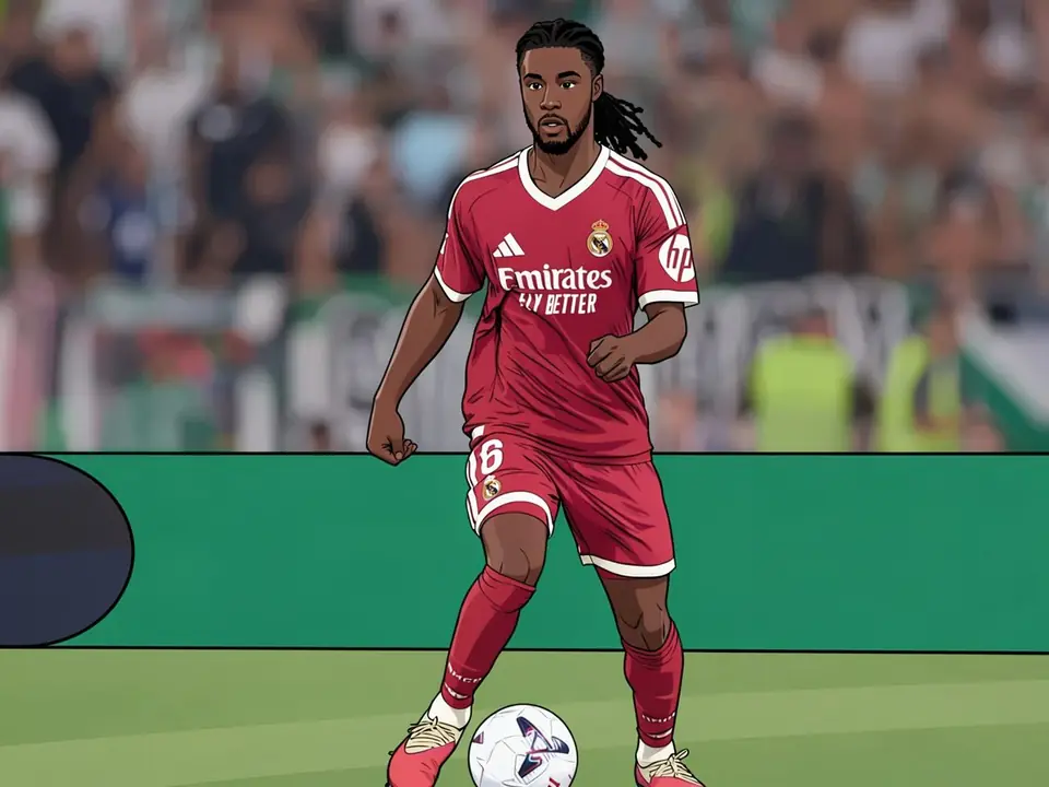 Real Madrid midfielder Eduardo Camavinga in a red kit dribbles the ball on the pitch during a match.