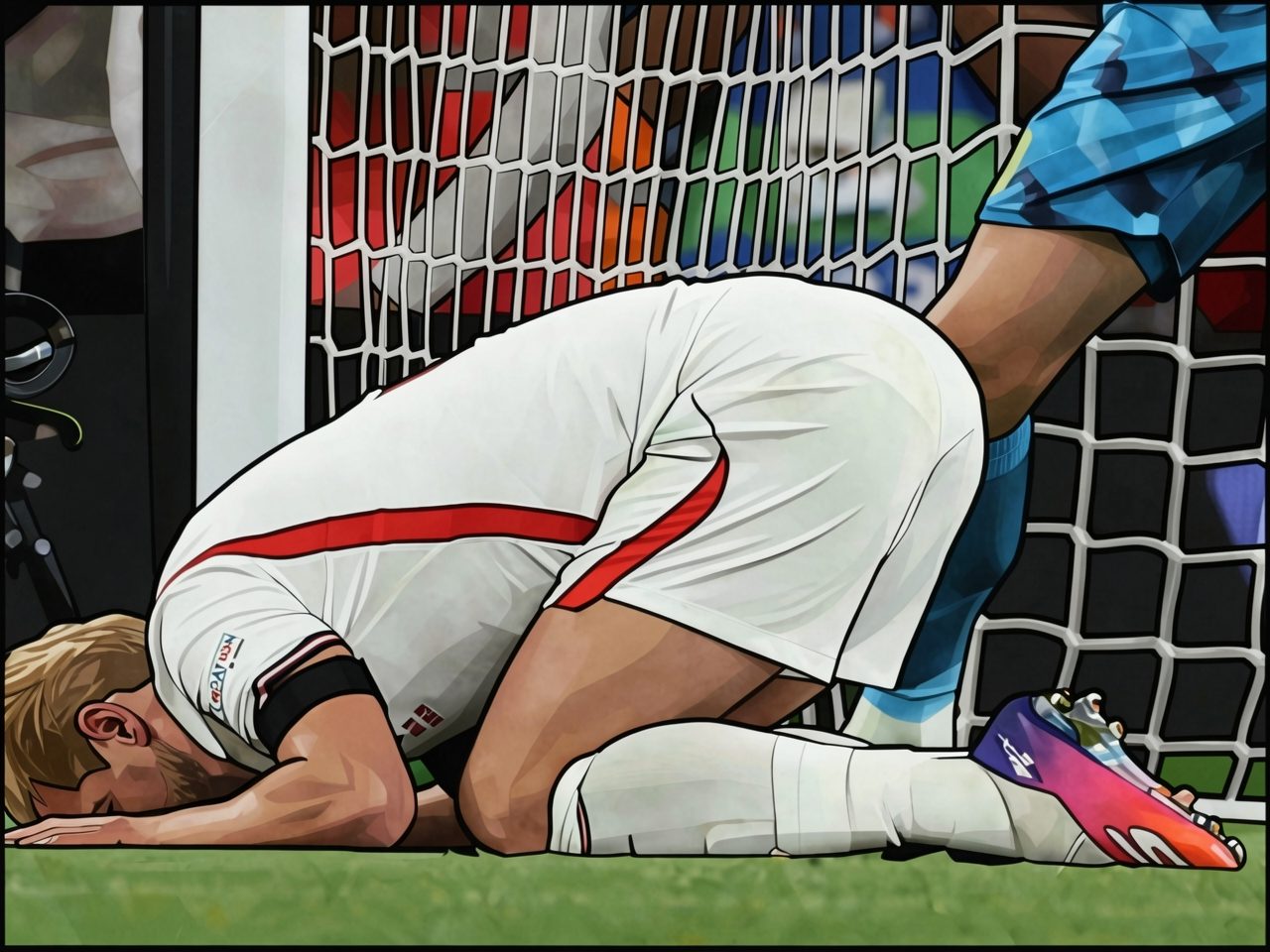 Kane in weißer England-Uniform kniet vor dem Tor auf dem Rasen