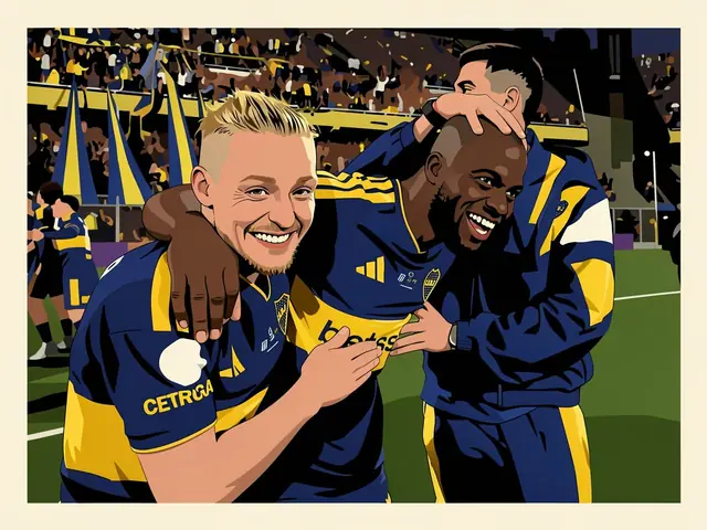 Boca-Juniors-Spieler Enner Valencia feiert seinen Hattrick mit Teamkollegen auf dem Platz