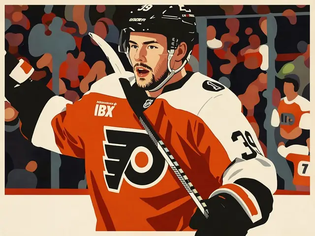 Michail Michkow im orangenen Philadelphia Flyers-Trikot feiert ein Tor auf dem Eis