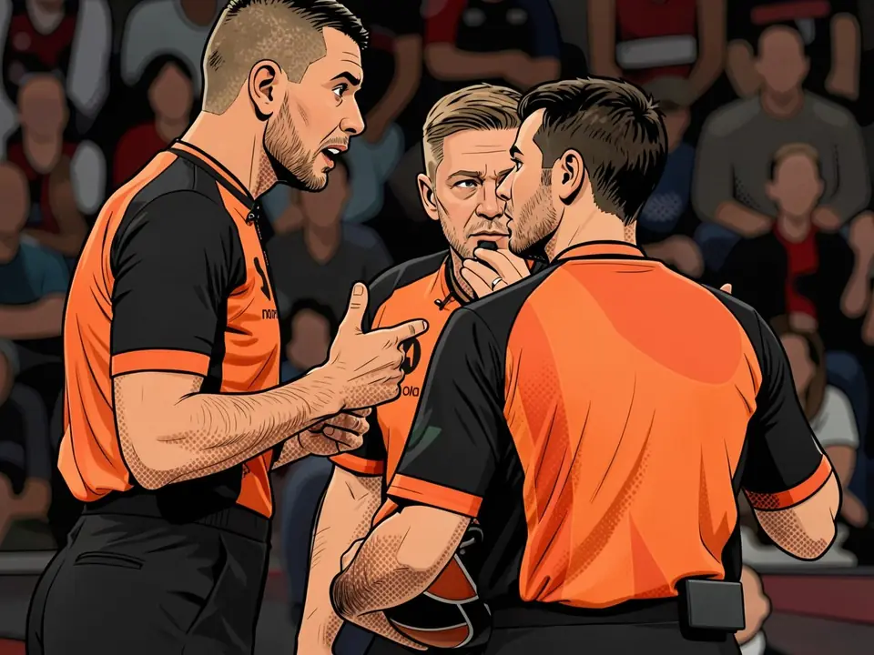 Drei EuroLeague-Schiedsrichter in orange-schwarzer Uniform besprechen Einsätze