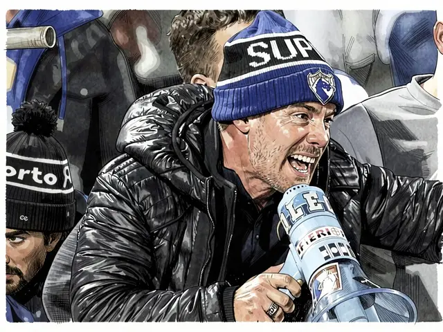 Fernando Madureira, ehemaliger Super-Dragões-Anführer, ruft in ein Megaphon auf den Tribünen.