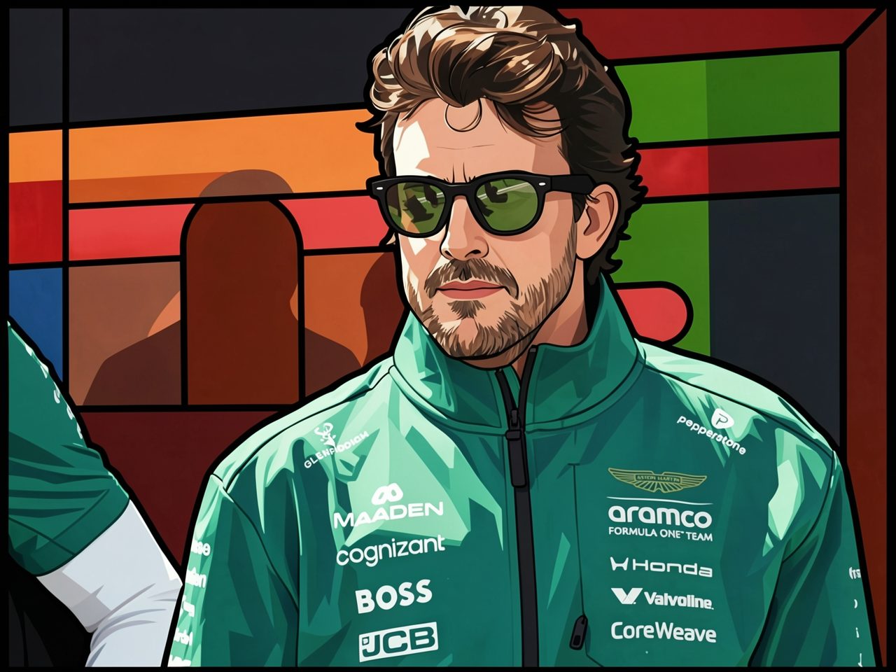 Fernando Alonso in grüner Aston Martin-Jacke mit Sponsorenlogos