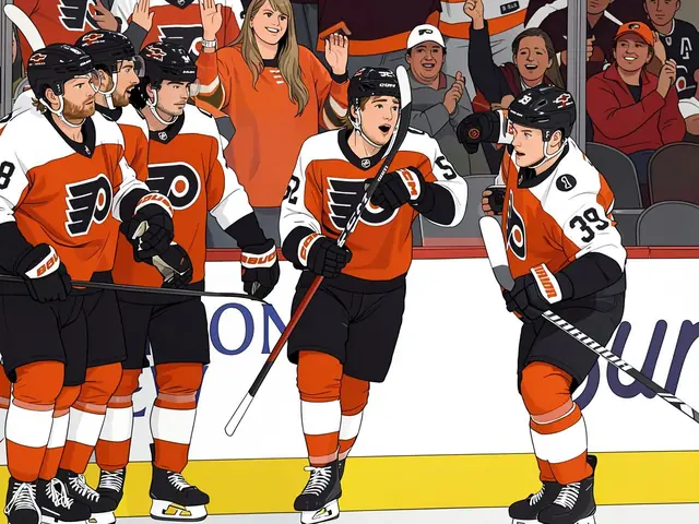 Philadelphia Flyers players in orange jerseys celebrate on the ice while fans cheer behind the glass