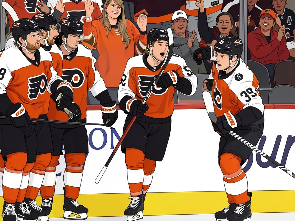 Philadelphia Flyers players in orange jerseys celebrate on the ice while fans cheer behind the glass