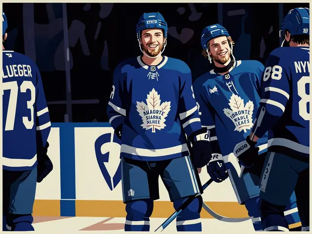 Gavin McKenna in blauem Toronto Maple Leafs-Trikot feiert mit Teamkollegen auf dem Eis.