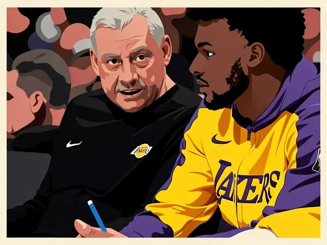 Greg St. Jean (links) spricht mit einem Lakers-Spieler auf der Bank während eines Spiels.