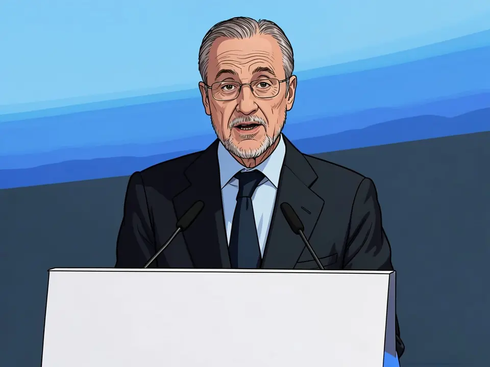 Florentino Pérez speaking at a podium with a blue background