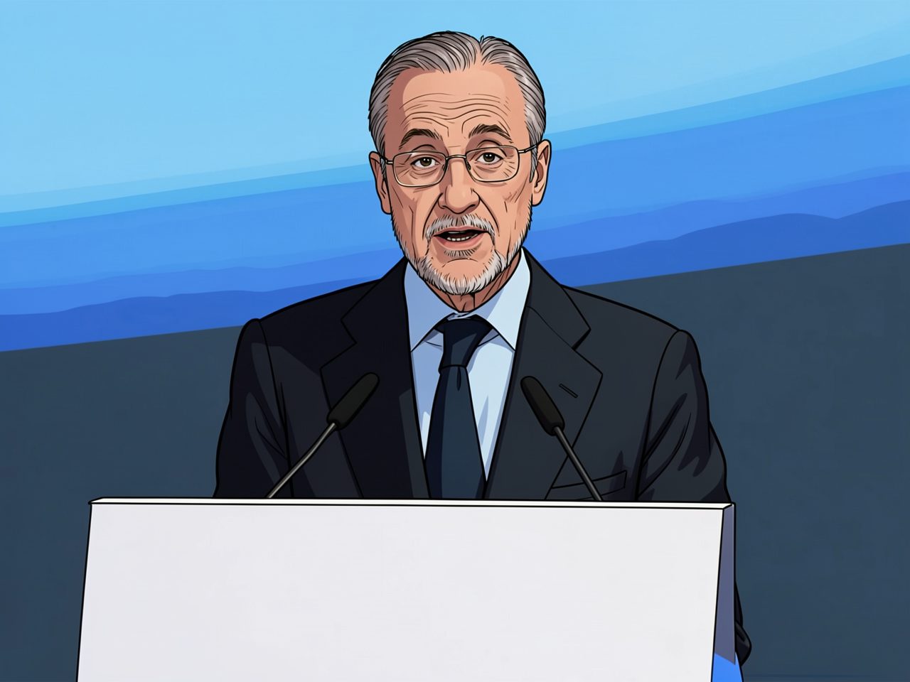 Florentino Pérez spricht an einem Podium vor blauem Hintergrund