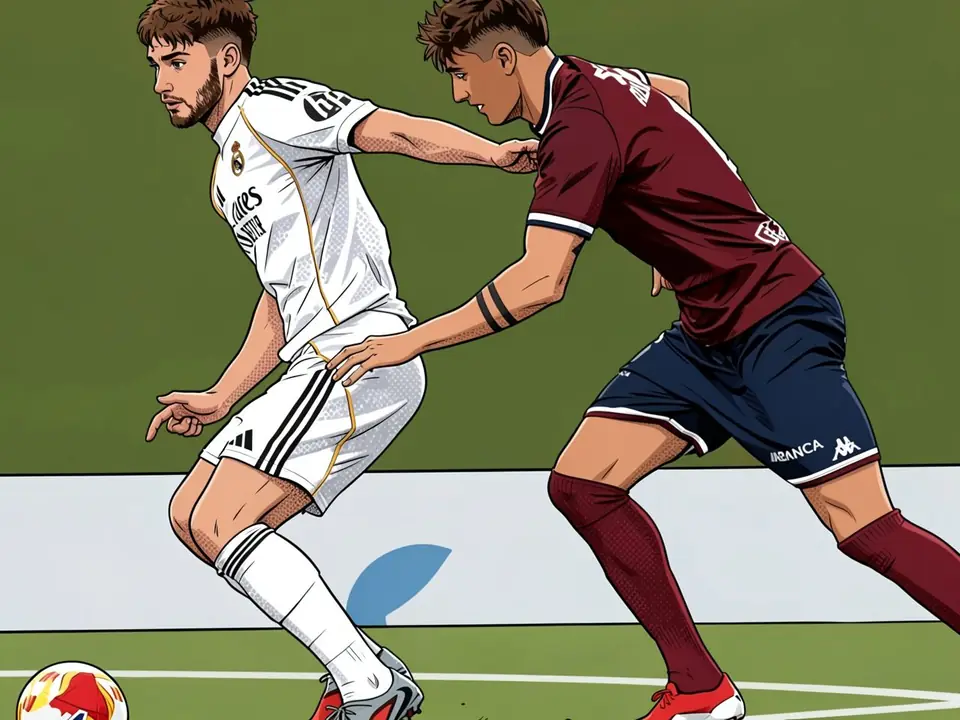Хорхе Сесеро in einem weißen Real-Madrid-Trikot dribbelt den Ball und wird von einem Gegner in einem maroonfarbenen Trikot bedrängt.
