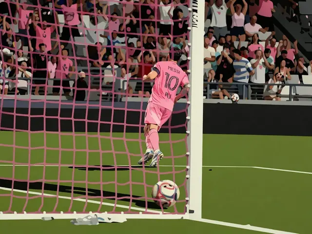 Lionel Messi in pink Inter Miami kit celebrates a goal