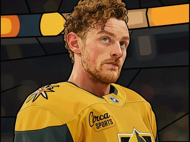 Jack Eichel in goldener Vegas Golden Knights Trikot blickt zur Seite.