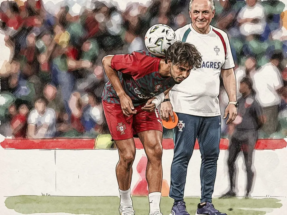 João Félix in a red Portugal training kit balances a football on his forehead on the pitch