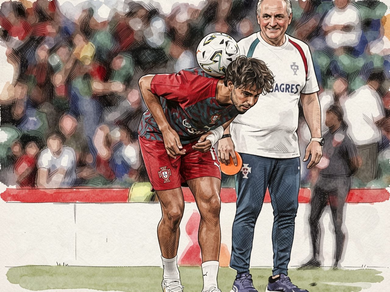 João Félix in rotem Portugal-Trainingstrikot balanciert einen Ball auf der Stirn