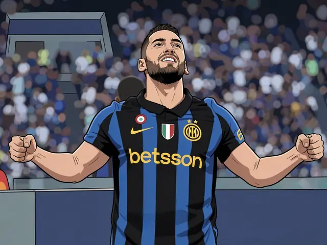 Hakan Calhanoglu in Inter Milan kit celebrates a goal in the stadium