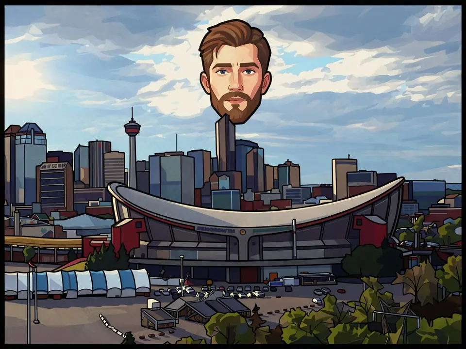 Exterior view of the Scotiabank Saddledome arena in Calgary with city skyline