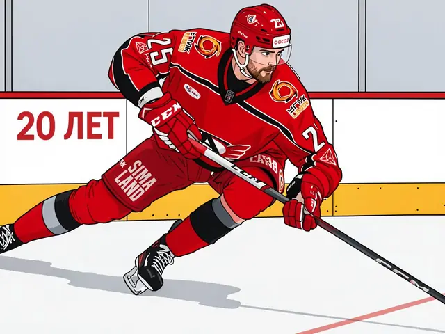 Avangard hockey player Kashnikov in red kit on the ice during a practice session.