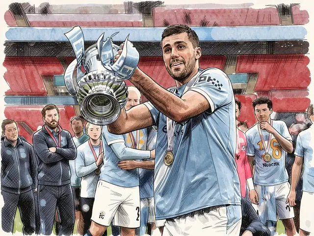 Manchester City Spieler hebt Pokal über den Kopf im Stadion