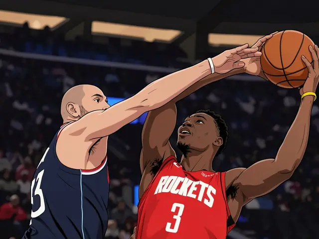 Nfaly Dante in a red Rockets jersey holding the ball while being defended by a Knicks player