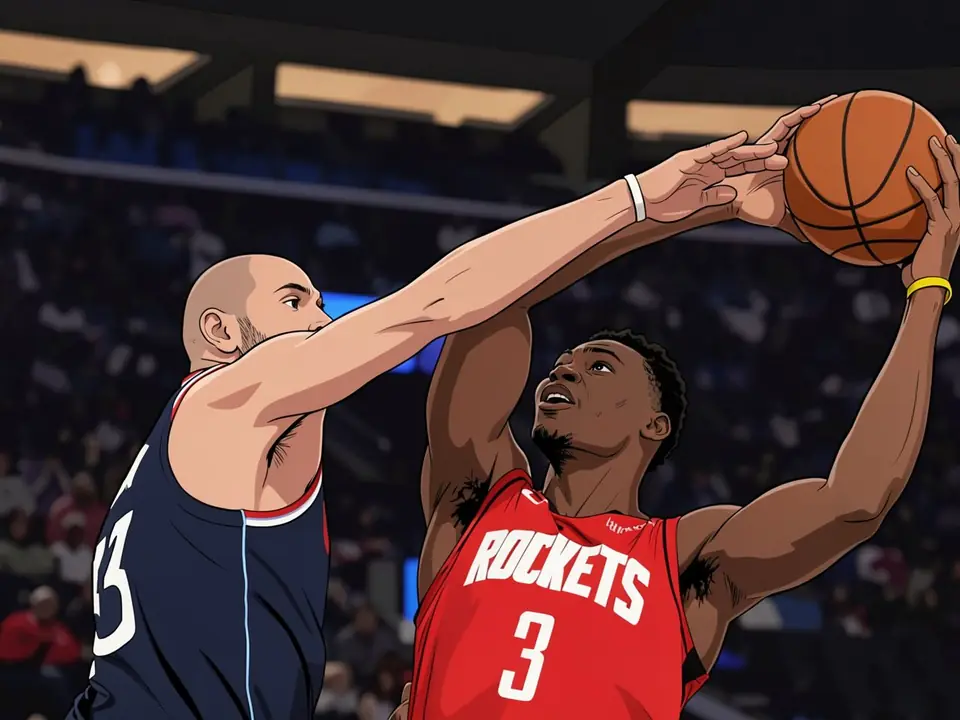 Nfaly Dante in a red Rockets jersey holding the ball while being defended by a Knicks player