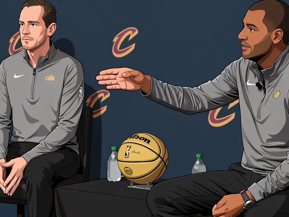 Koby Altman und ein weiterer Vertreter der Cavaliers bei einer Pressekonferenz mit einem goldenen Basketball