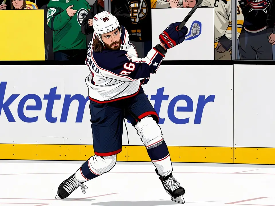 Kirill Marchenko im Columbus Blue Jackets-Trikott auf dem Eis mit Schläger.