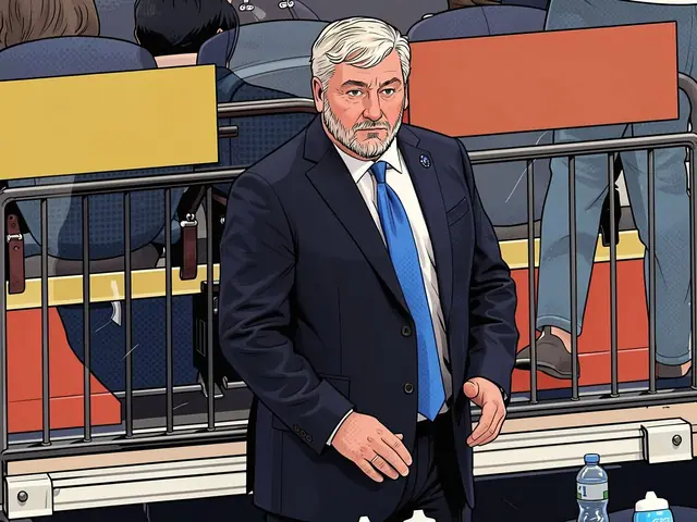 Barys coach Mikhail Kravets on the bench during a KHL match