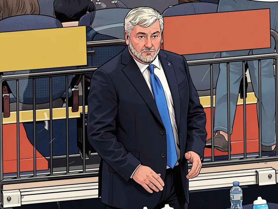 Barys-Trainer Michail Kravets auf der Bank während eines KHL-Spiels