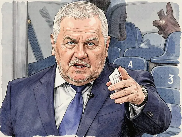 Krikunov in einem blauen Anzug zeigt mit dem Finger auf die Arena