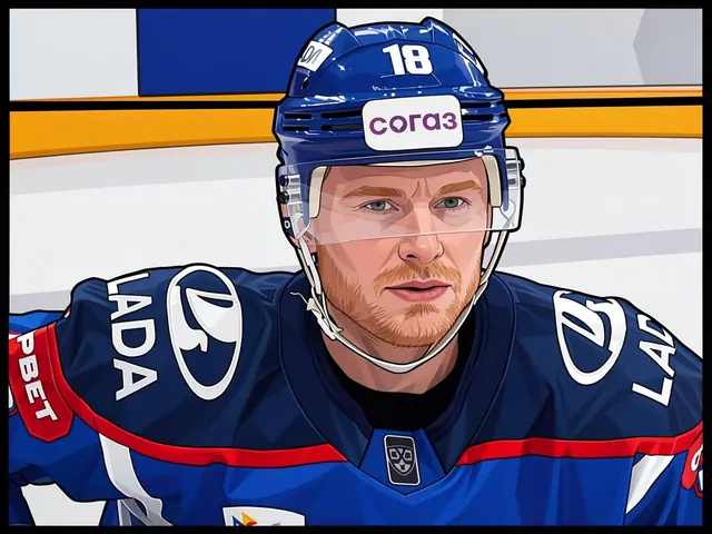 Angreifer Kugryshev in blauem Lada-Trikot auf dem Eis nach 900 KHL-Spielen.
