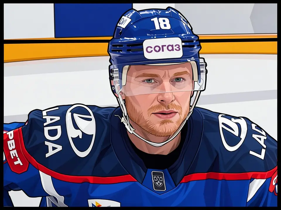 Angreifer Kugryshev in blauem Lada-Trikot auf dem Eis nach 900 KHL-Spielen.