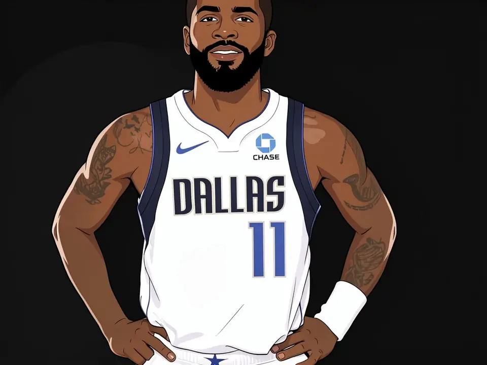 Kyrie Irving in einem weißen Dallas Mavericks-Trikot mit der Nummer 11 vor schwarzem Hintergrund