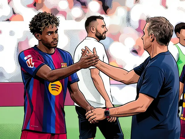 Lamine Yamal in Barcelona-Kluft schüttelt Trainer die Hand