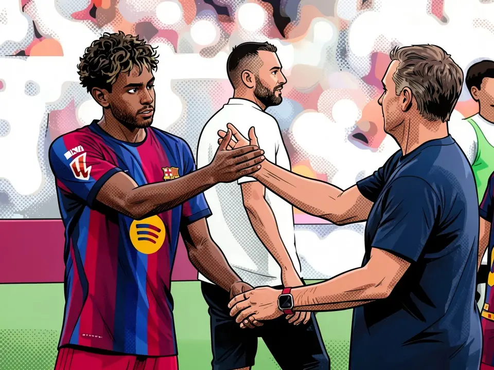 Lamine Yamal in Barcelona kit shakes hands with a coach on the pitch