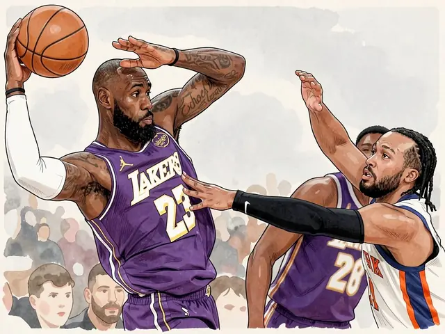 LeBron James in a purple Lakers jersey with number 23 raises the ball above his head, preparing to shoot. Anderson Varejao in a white Knicks jersey with blue and orange stripes reaches out, trying to 