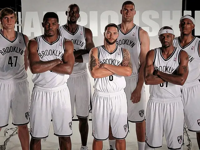 Brooklyn Nets players in white kits pose for a group studio photograph