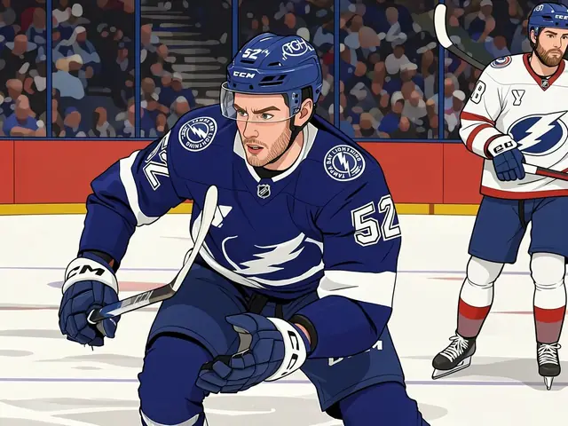 Maksim Groshev in a blue Tampa Bay Lightning jersey skating on the ice.