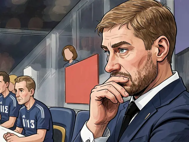 Luzenkov in a blue suit sits on the bench, thoughtfully pressing his hand to his mouth.