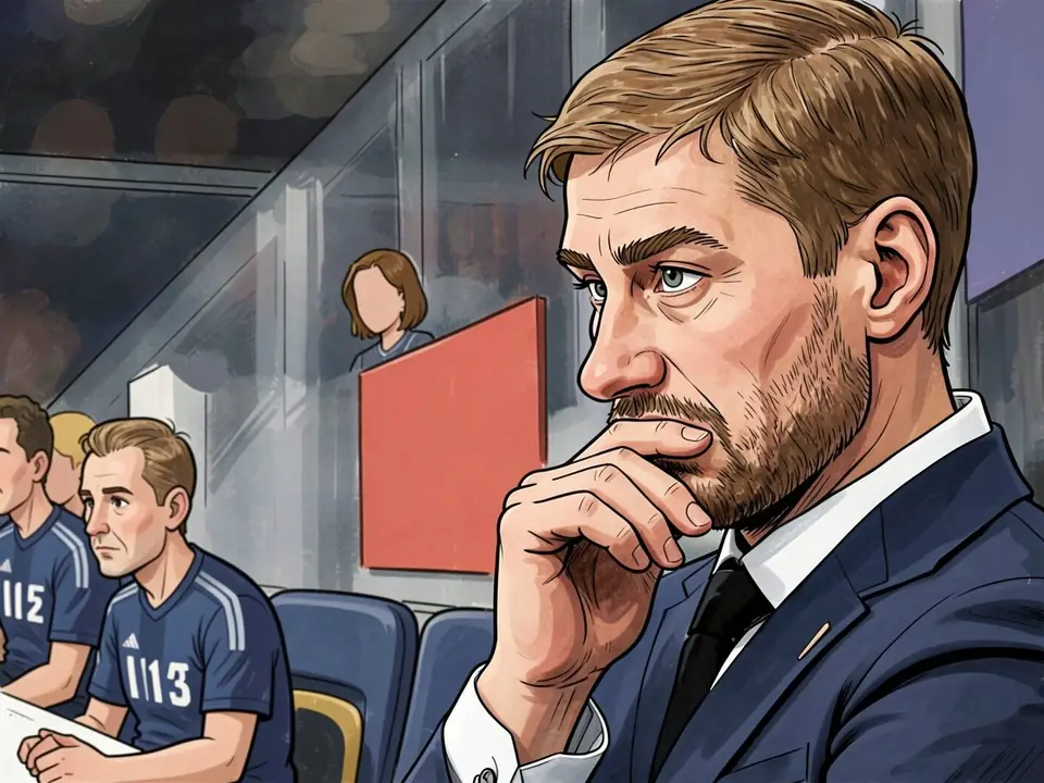Люзенков в синем костюме сидит на скамейке запасных, задумчиво прижав руку ко рту.