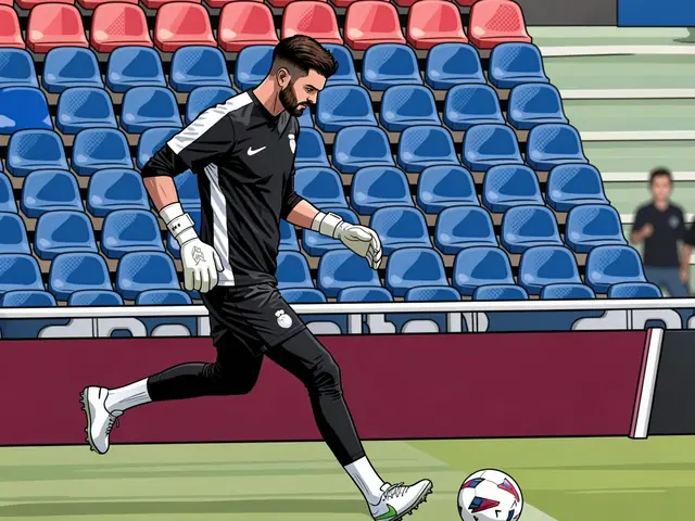 Mallorca goalkeeper Cuéllar in a black training kit runs across the pitch kicking a ball with stadium seats behind him.