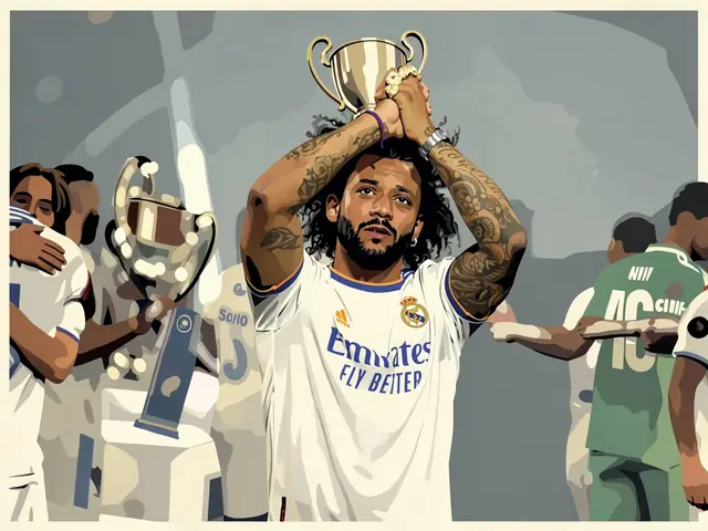 Marcelo celebrates with a trophy in Real Madrid kit