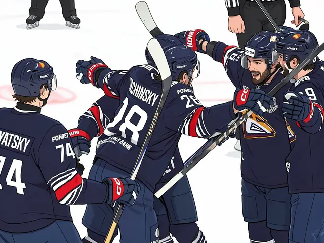 Metallurg-Spieler in dunkelblauen Trikots feiern ein Tor auf dem Eis nach dem 5:1-Sieg gegen Awangard